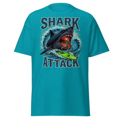 Shark Attack Skeleton Surfer T-Shirt – Dark Humor - Tropical Blue - TeeRipple