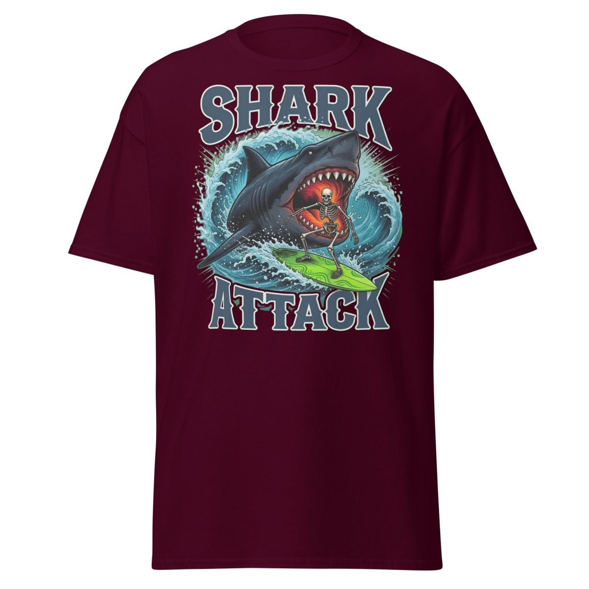 Shark Attack Skeleton Surfer T-Shirt – Dark Humor - Maroon - TeeRipple