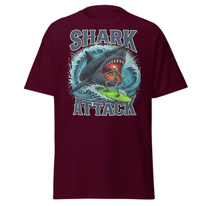 Shark Attack Skeleton Surfer T-Shirt – Dark Humor - Maroon - TeeRipple