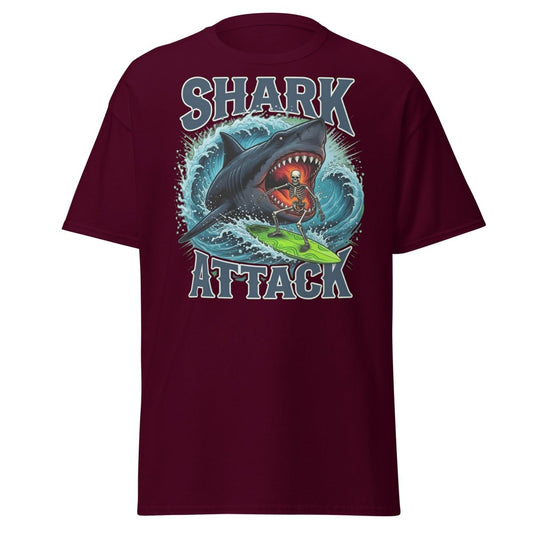 Shark Attack Skeleton Surfer T-Shirt – Dark Humor - Maroon - TeeRipple