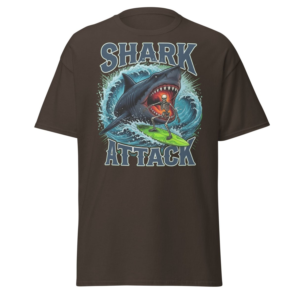Shark Attack Skeleton Surfer T-Shirt – Dark Humor - Dark Chocolate - TeeRipple