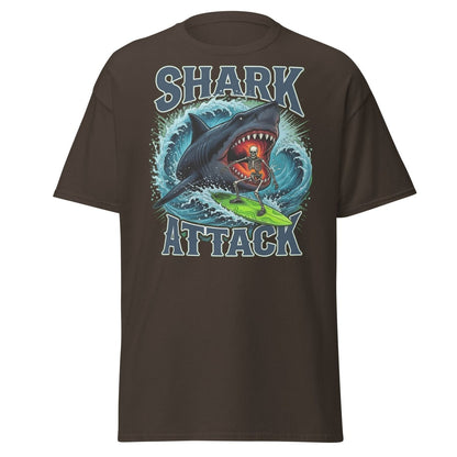 Shark Attack Skeleton Surfer T-Shirt – Dark Humor - Dark Chocolate - TeeRipple