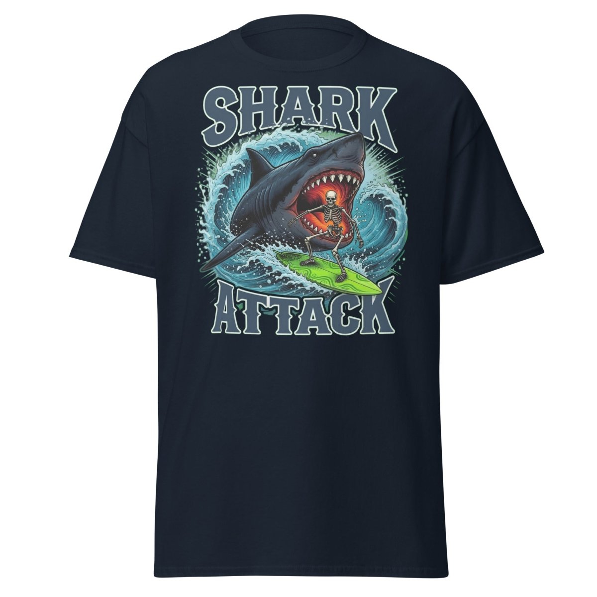 Shark Attack Skeleton Surfer T-Shirt – Dark Humor - Navy - TeeRipple