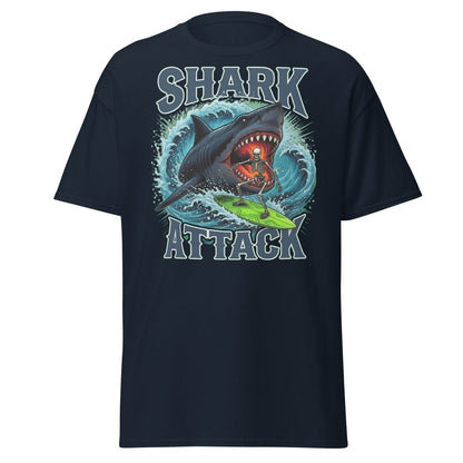 Shark Attack Skeleton Surfer T-Shirt – Dark Humor - Navy - TeeRipple