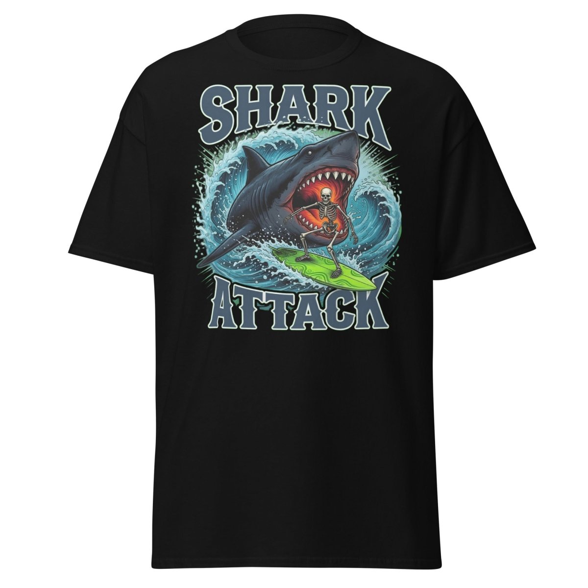 Shark Attack Skeleton Surfer T-Shirt – Dark Humor - Black - TeeRipple