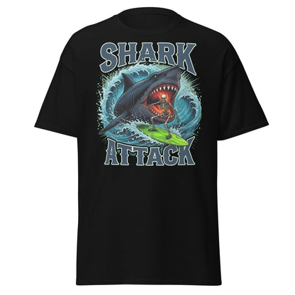 Shark Attack Skeleton Surfer T-Shirt – Dark Humor - Black - TeeRipple
