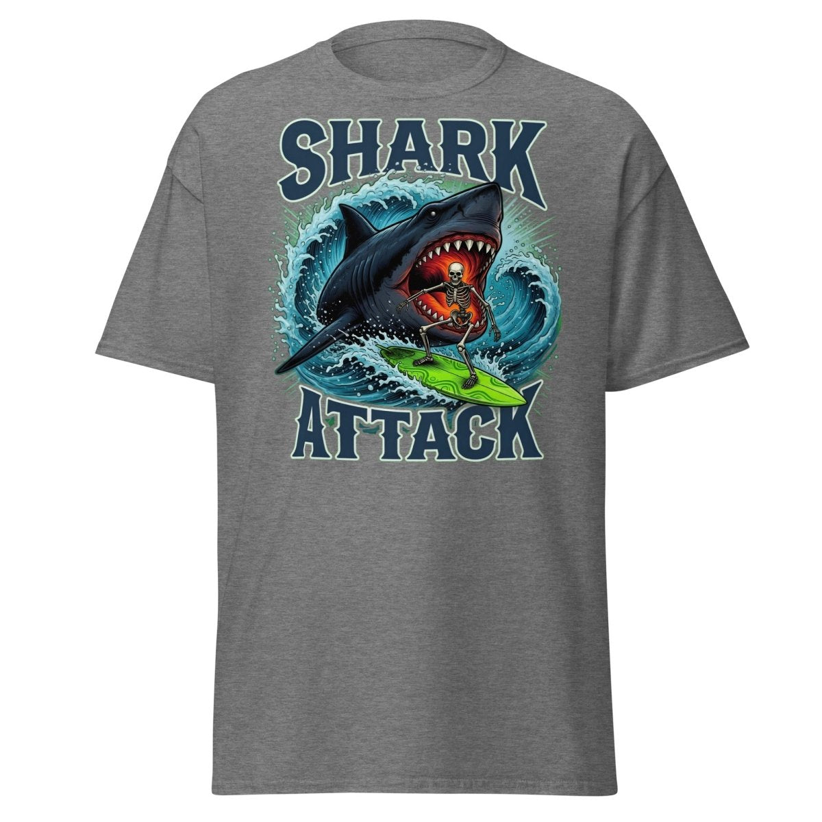 Shark Attack Skeleton Surfer T-Shirt – Dark Humor - Graphite Heather - TeeRipple