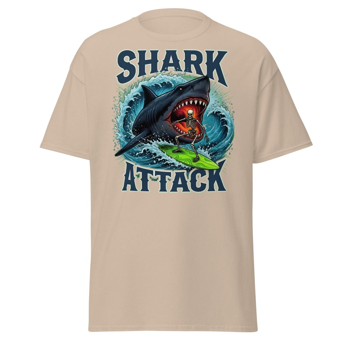 Shark Attack Skeleton Surfer T-Shirt – Dark Humor - Sand - TeeRipple