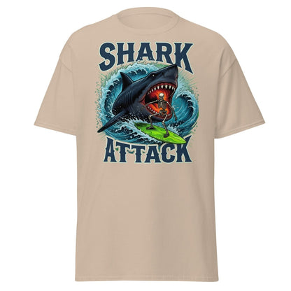 Shark Attack Skeleton Surfer T-Shirt – Dark Humor - Sand - TeeRipple