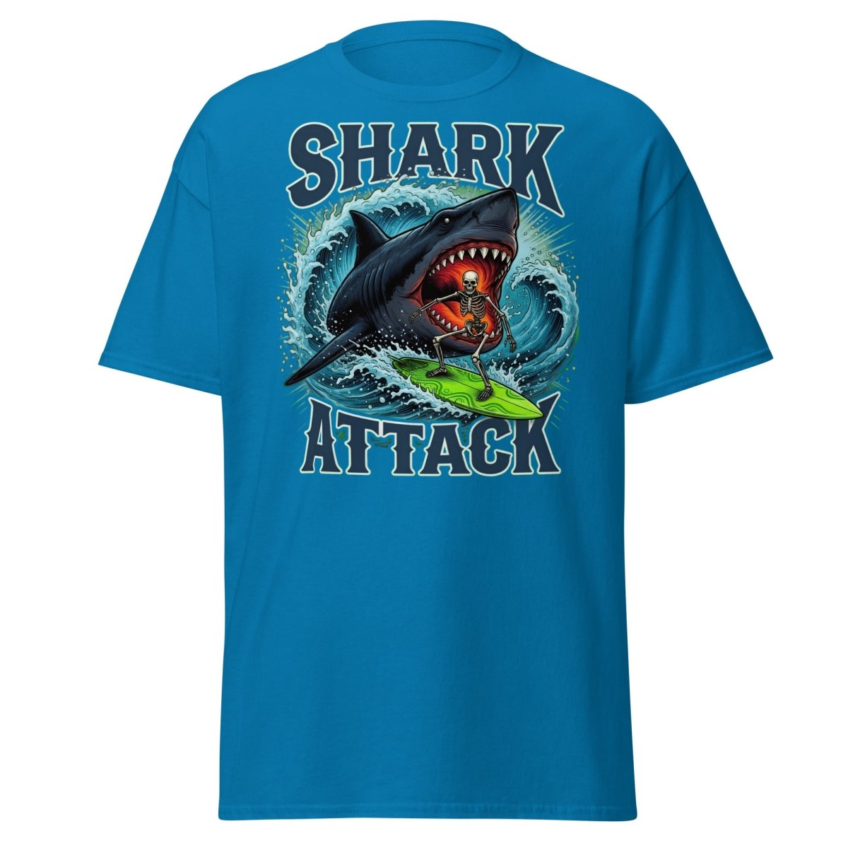 Shark Attack Skeleton Surfer T-Shirt – Dark Humor - Sapphire - TeeRipple