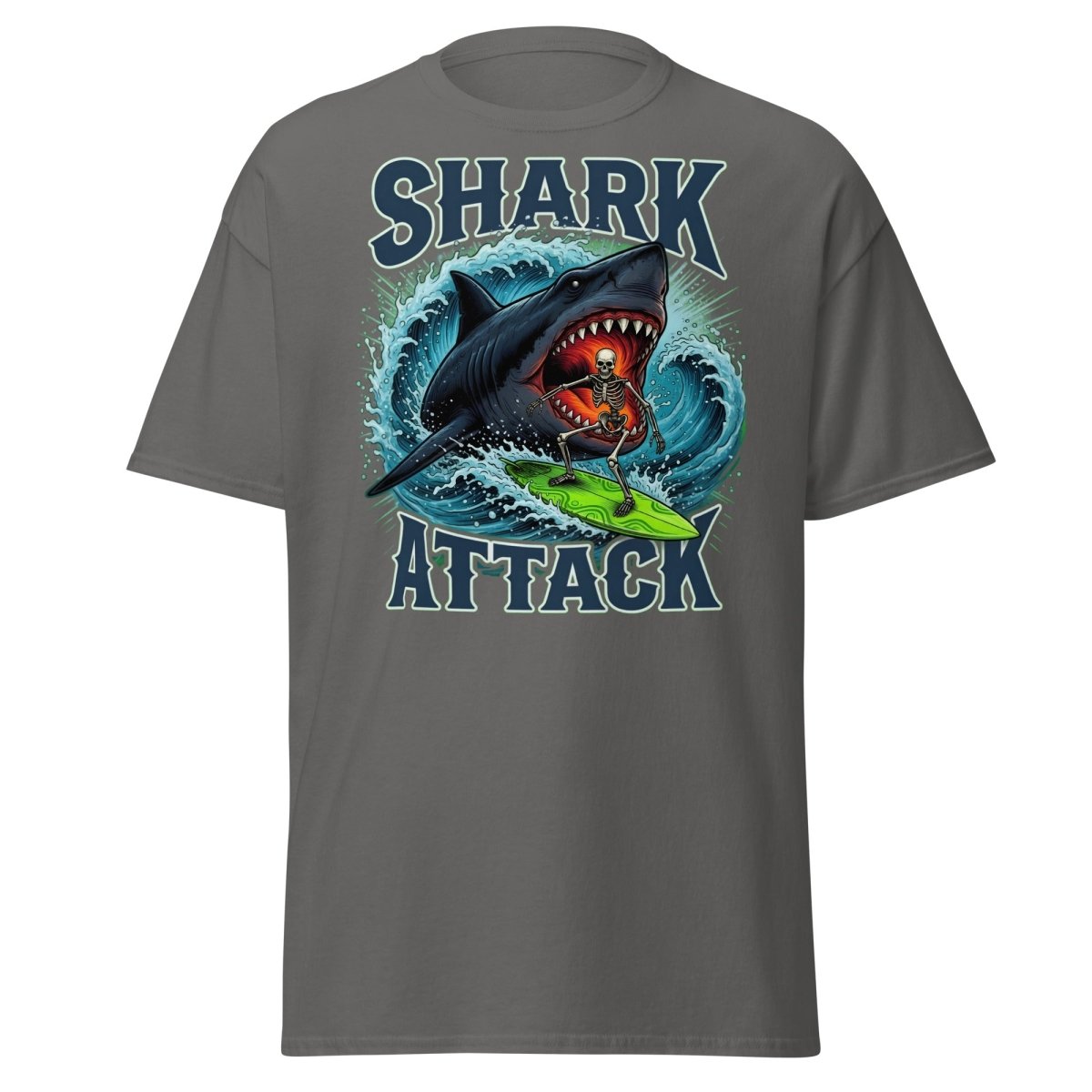 Shark Attack Skeleton Surfer T-Shirt – Dark Humor - Charcoal - TeeRipple