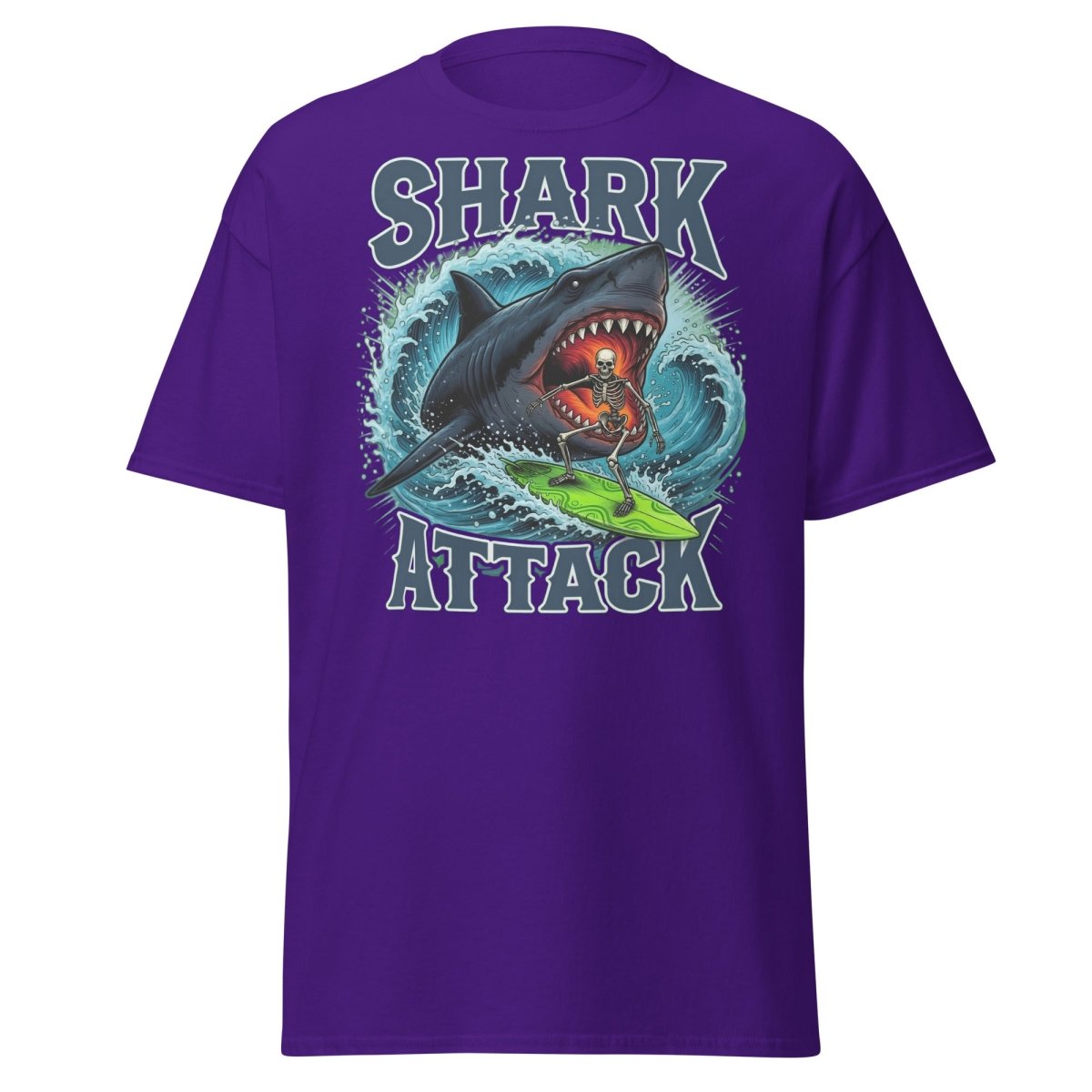 Shark Attack Skeleton Surfer T-Shirt – Dark Humor - Purple - TeeRipple
