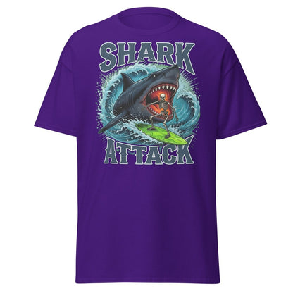 Shark Attack Skeleton Surfer T-Shirt – Dark Humor - Purple - TeeRipple