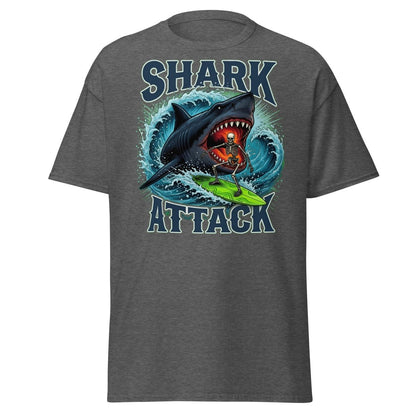 Shark Attack Skeleton Surfer T-Shirt – Dark Humor - Dark Heather - TeeRipple