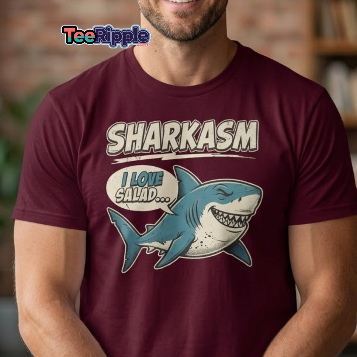 Sharkasm Shark T-Shirt - Funny I Love Salad Sarcastic Tee - Maroon - TeeRipple