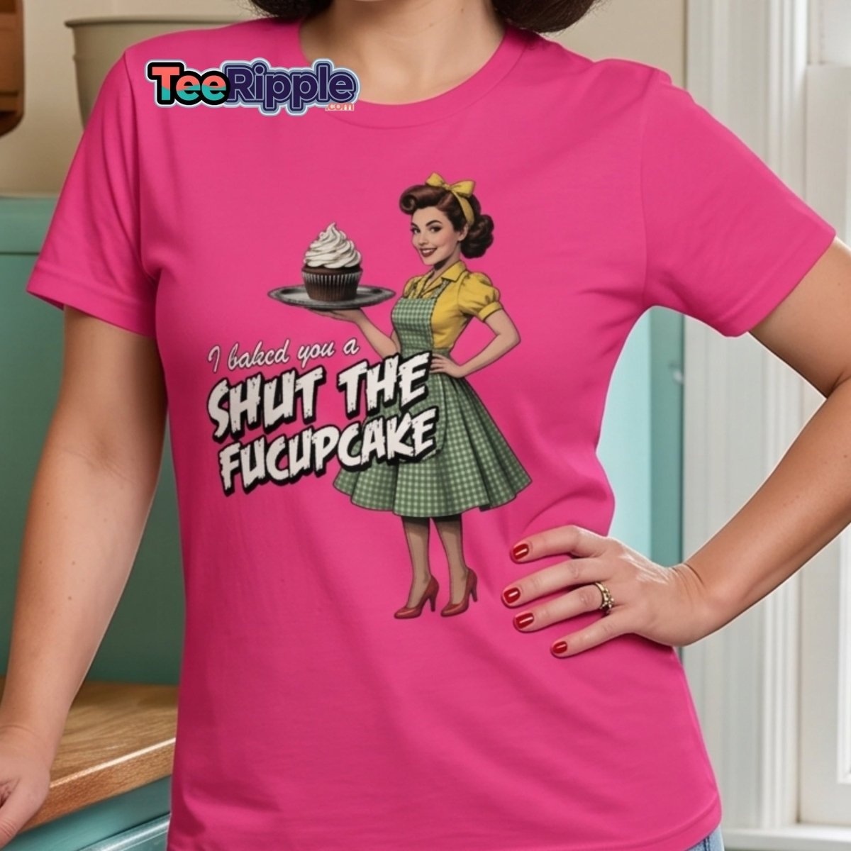 Shut The Fucupcake Funny Retro Pinup T-Shirt - Maroon - TeeRipple