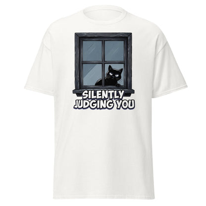 Silently Judging You Black Cat T-Shirt | Funny Cat Tee - White - TeeRipple