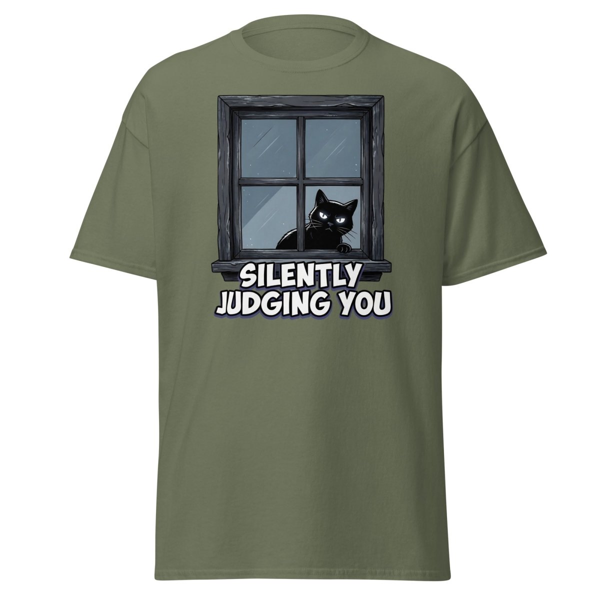 Silently Judging You Black Cat T-Shirt | Funny Cat Tee - Military Green - TeeRipple