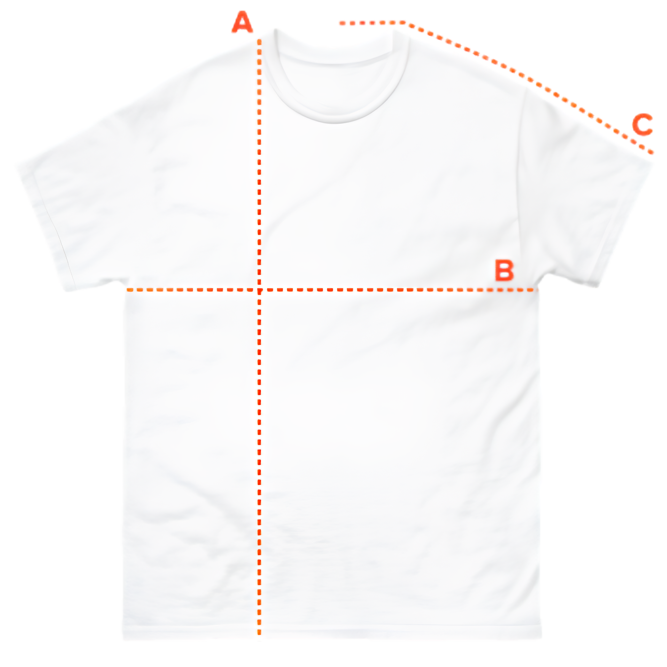 White t-shirt with measurement lines and labels on a white background