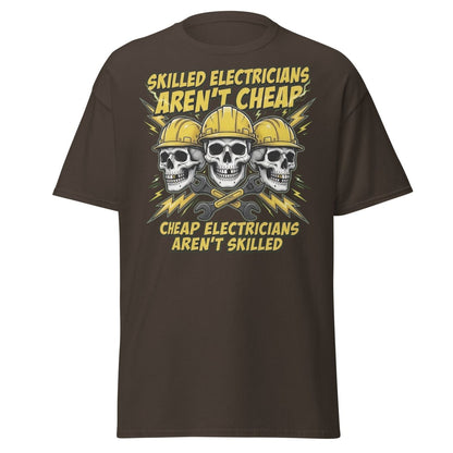 Skilled Electricians Aren't Cheap T-Shirt - Electrician Skull Tee - Dark Chocolate - TeeRipple