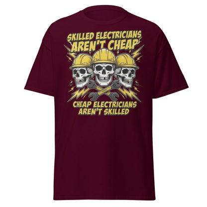 Skilled Electricians Aren't Cheap T-Shirt - Electrician Skull Tee - Maroon - TeeRipple