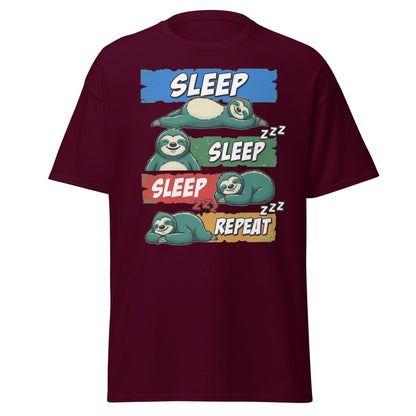 Sleep Sleep Repeat Sloth T-Shirt Funny Lazy Nap Tee - Maroon - TeeRipple