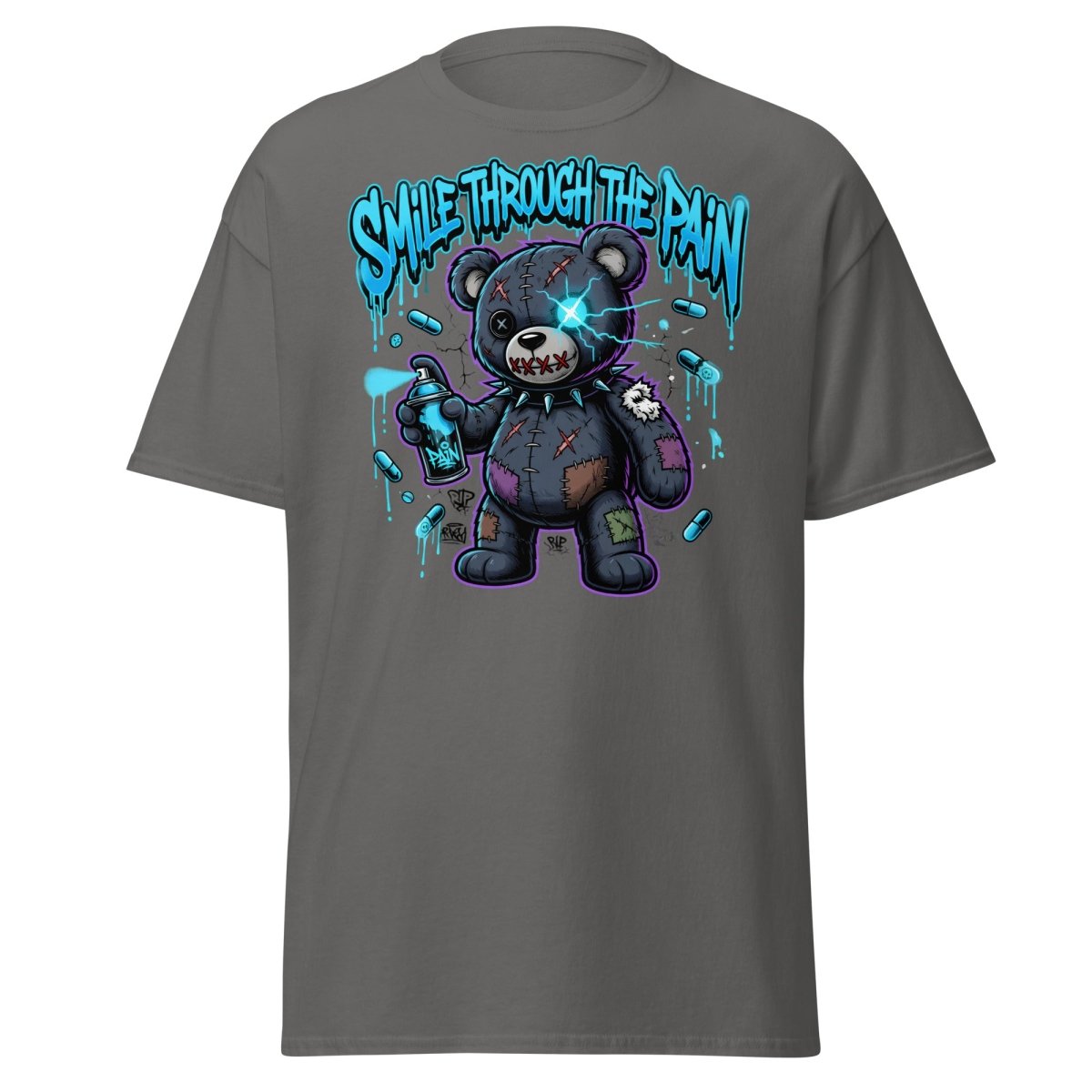 Smile Through The Pain Bear T-Shirt | Edgy Graffiti Tee - Charcoal - TeeRipple