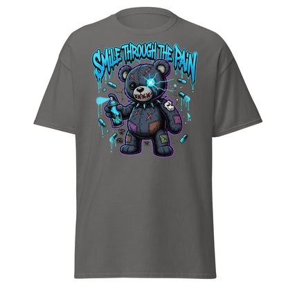 Smile Through The Pain Bear T-Shirt | Edgy Graffiti Tee - Charcoal - TeeRipple