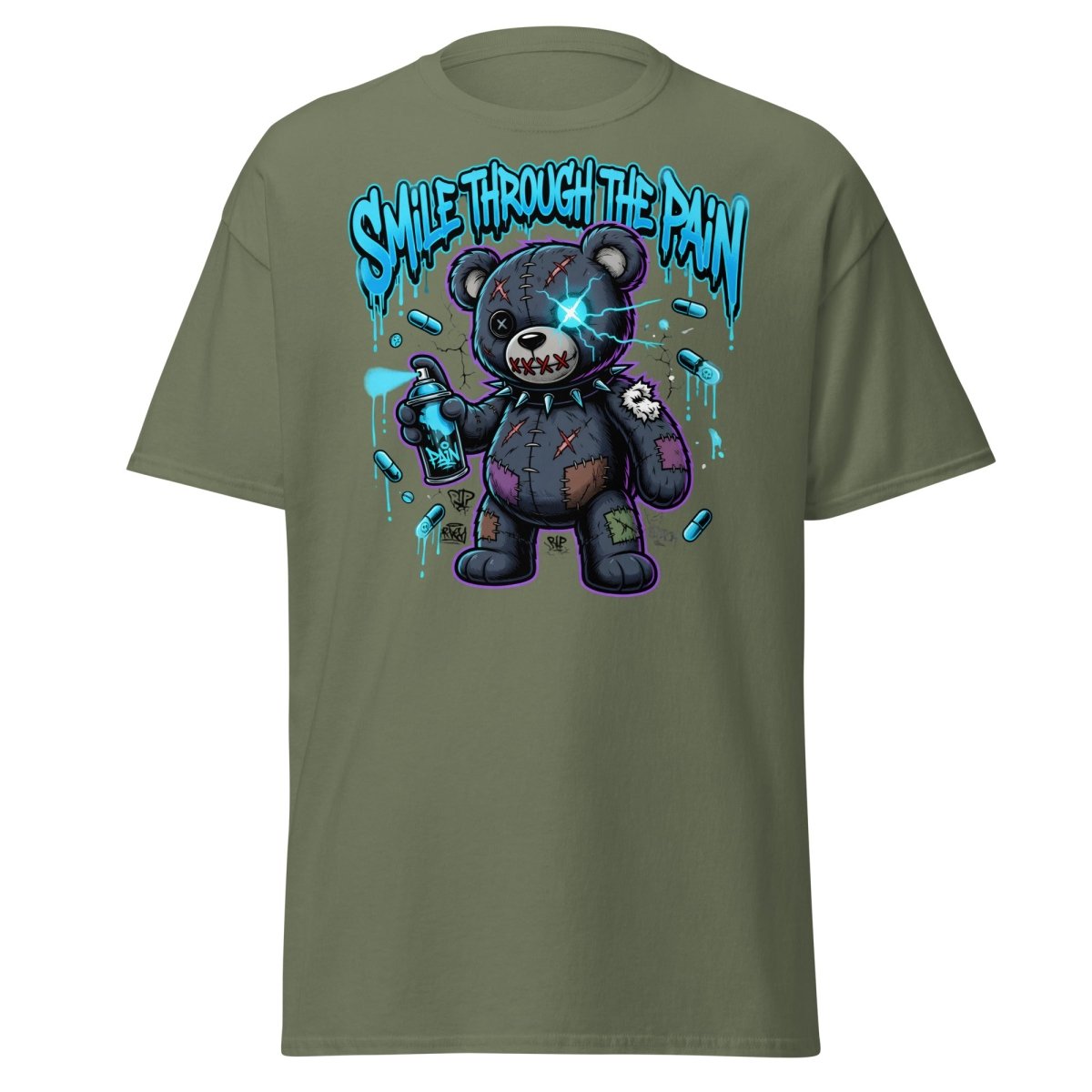 Smile Through The Pain Bear T-Shirt | Edgy Graffiti Tee - Military Green - TeeRipple