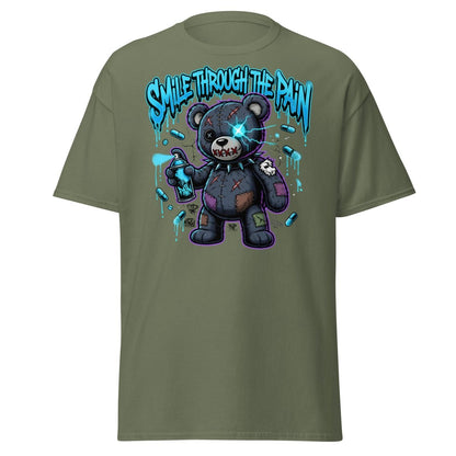 Smile Through The Pain Bear T-Shirt | Edgy Graffiti Tee - Military Green - TeeRipple