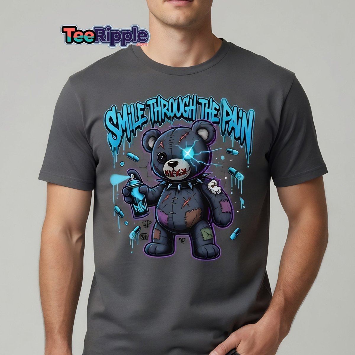 Smile Through The Pain Bear T-Shirt | Edgy Graffiti Tee - Maroon - TeeRipple