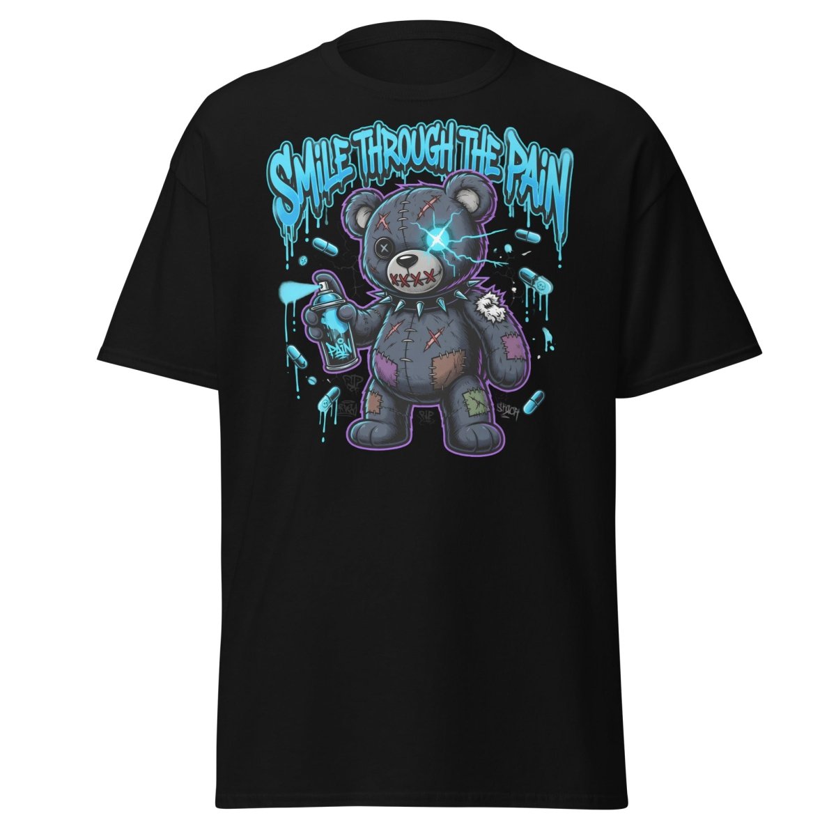 Smile Through The Pain Bear T-Shirt | Edgy Graffiti Tee - Black - TeeRipple