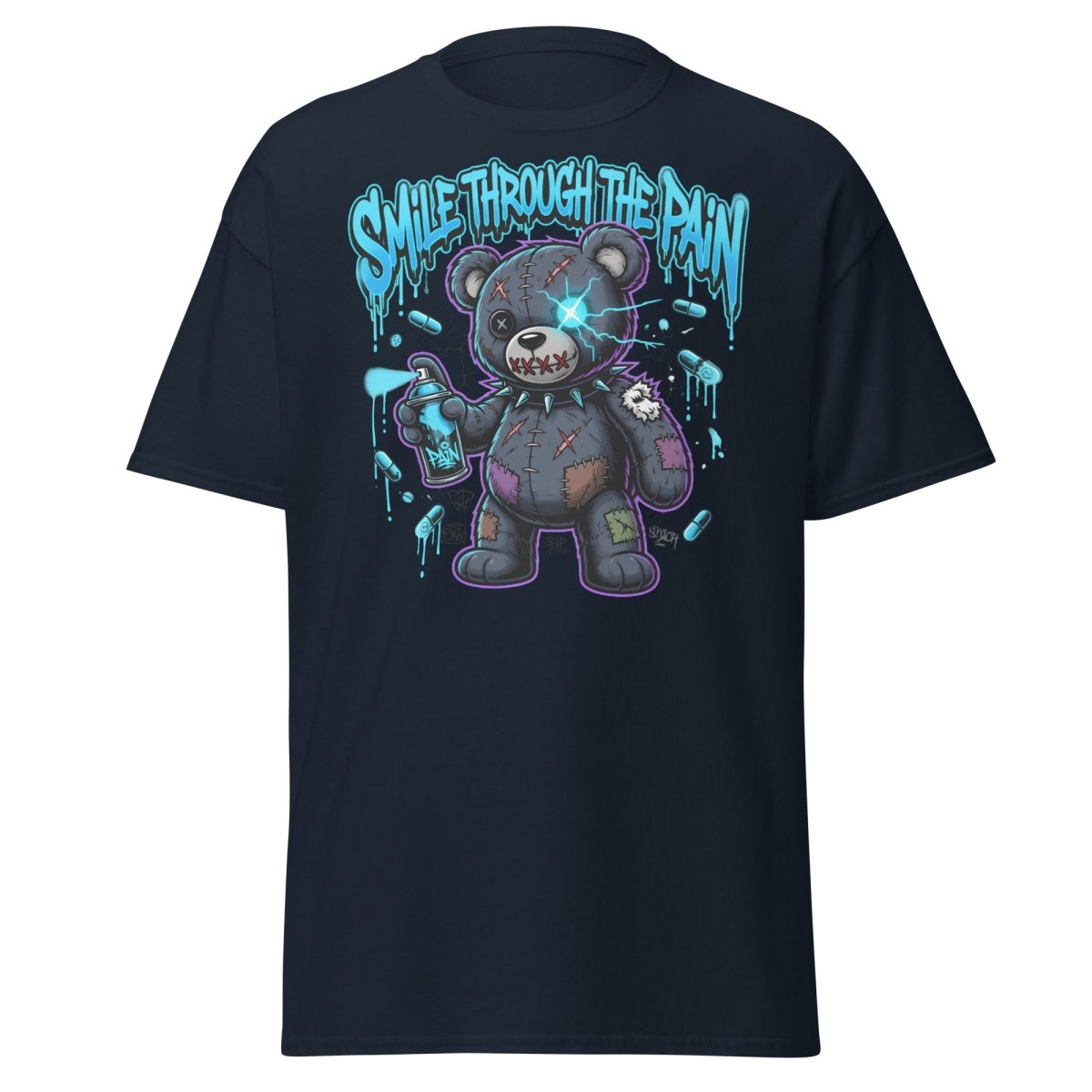 Smile Through The Pain Bear T-Shirt | Edgy Graffiti Tee - Navy - TeeRipple