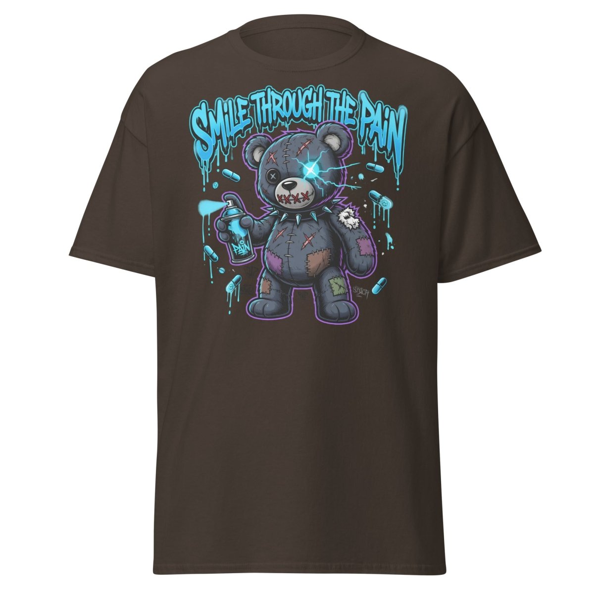 Smile Through The Pain Bear T-Shirt | Edgy Graffiti Tee - Dark Chocolate - TeeRipple