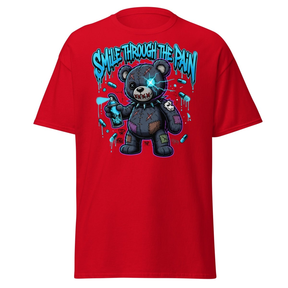 Smile Through The Pain Bear T-Shirt | Edgy Graffiti Tee - Red - TeeRipple