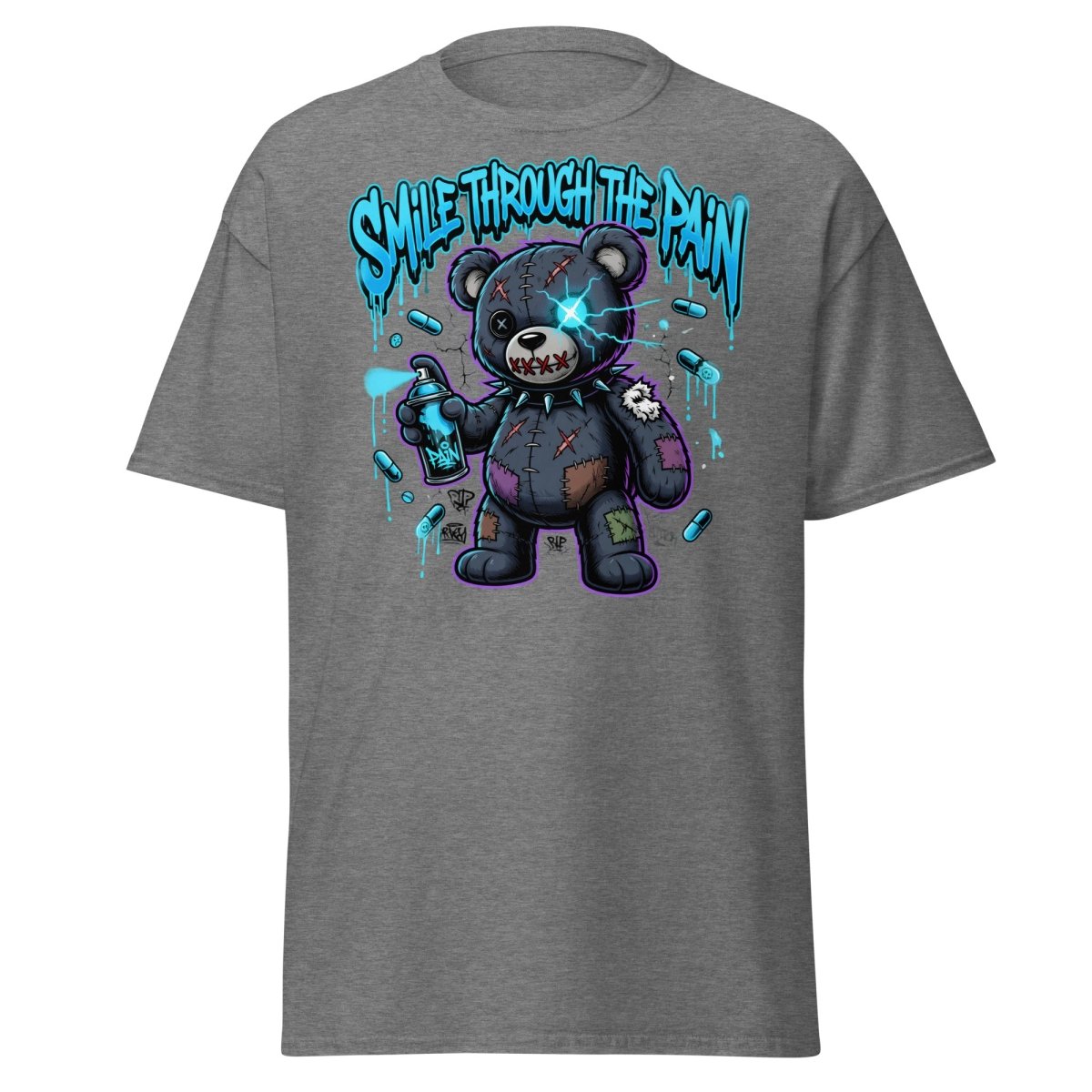 Smile Through The Pain Bear T-Shirt | Edgy Graffiti Tee - Graphite Heather - TeeRipple