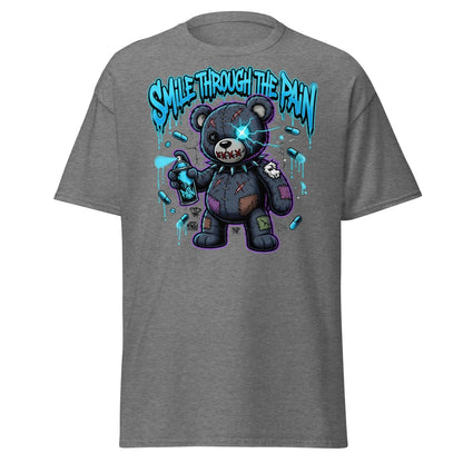 Smile Through The Pain Bear T-Shirt | Edgy Graffiti Tee - Graphite Heather - TeeRipple