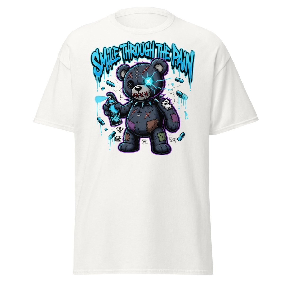 Smile Through The Pain Bear T-Shirt | Edgy Graffiti Tee - White - TeeRipple