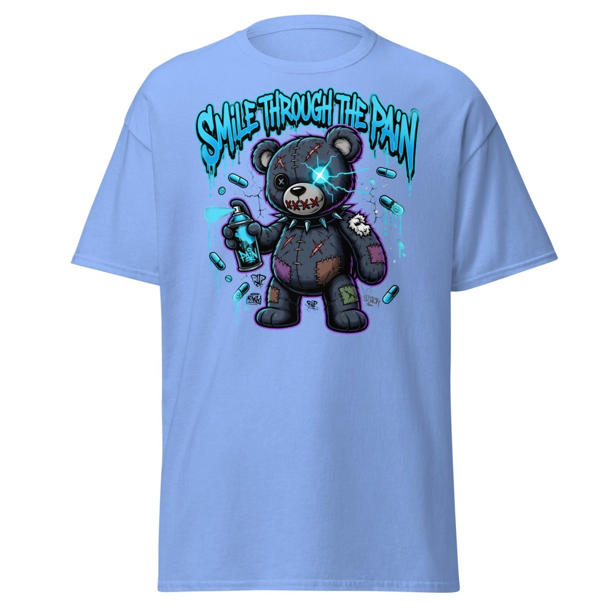 Smile Through The Pain Bear T-Shirt | Edgy Graffiti Tee - Carolina Blue - TeeRipple