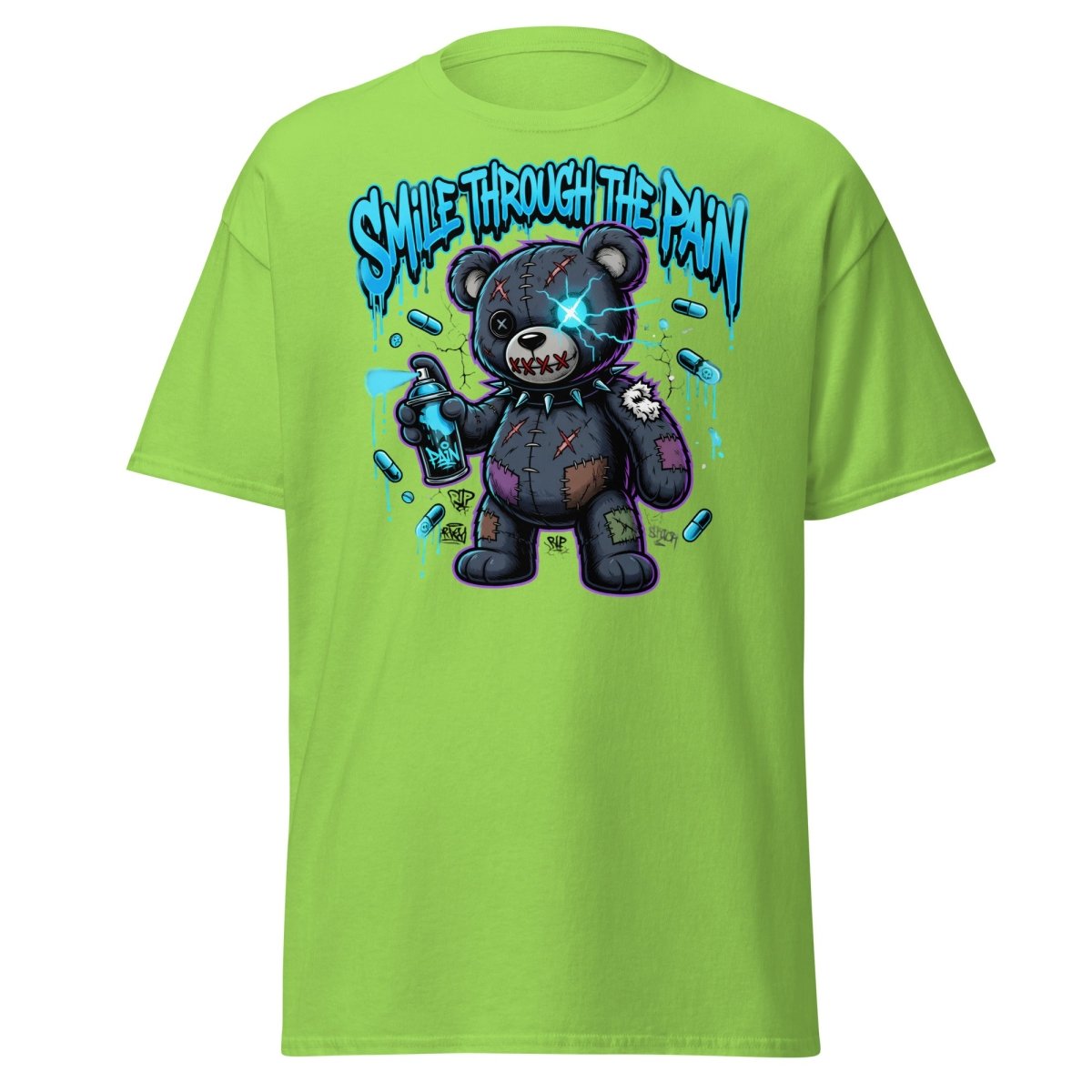 Smile Through The Pain Bear T-Shirt | Edgy Graffiti Tee - Lime - TeeRipple