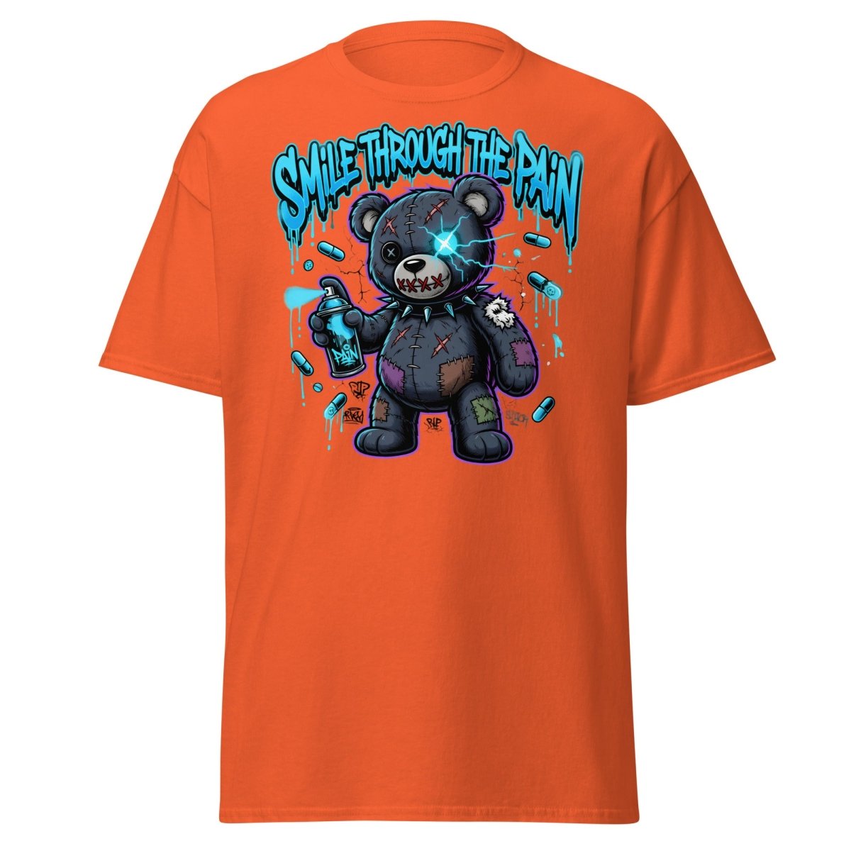 Smile Through The Pain Bear T-Shirt | Edgy Graffiti Tee - Orange - TeeRipple