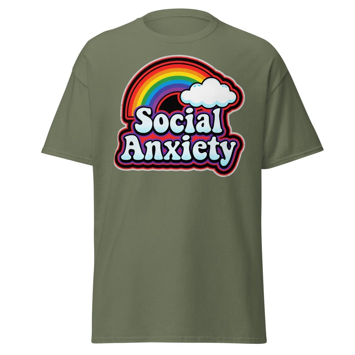 Social Anxiety Rainbow Retro T-Shirt | Funny Mental Health Tee - Military Green - TeeRipple