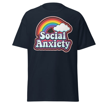 Social Anxiety Rainbow Retro T-Shirt | Funny Mental Health Tee - Navy - TeeRipple