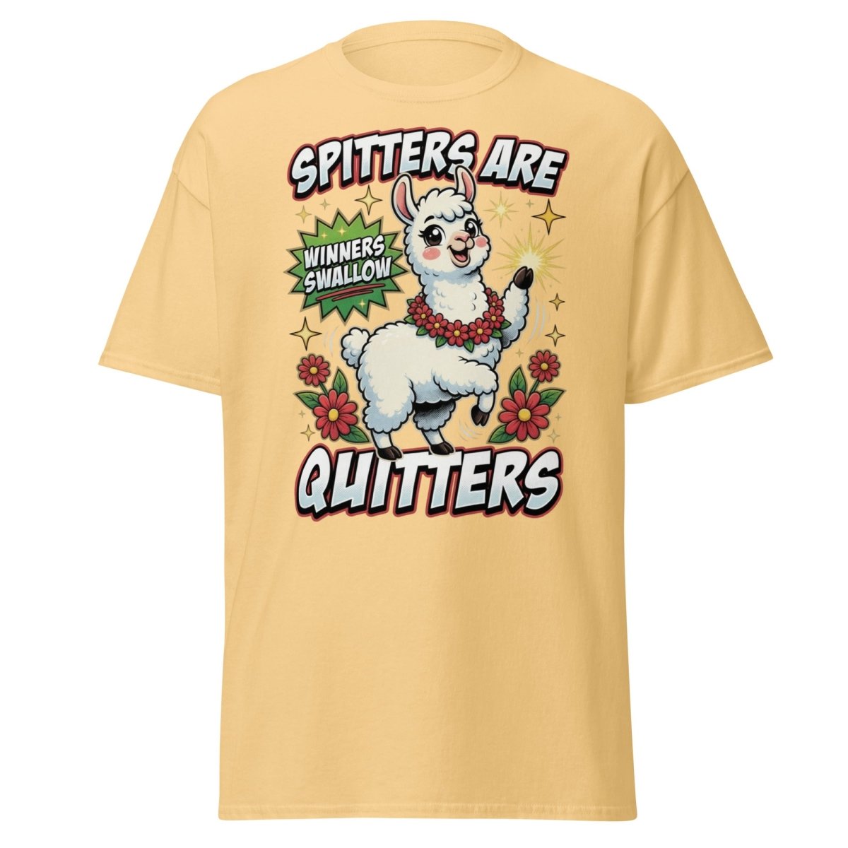 Spitters Are Quitters Llama T-Shirt Funny Adult Humor Tee - Yellow Haze - TeeRipple