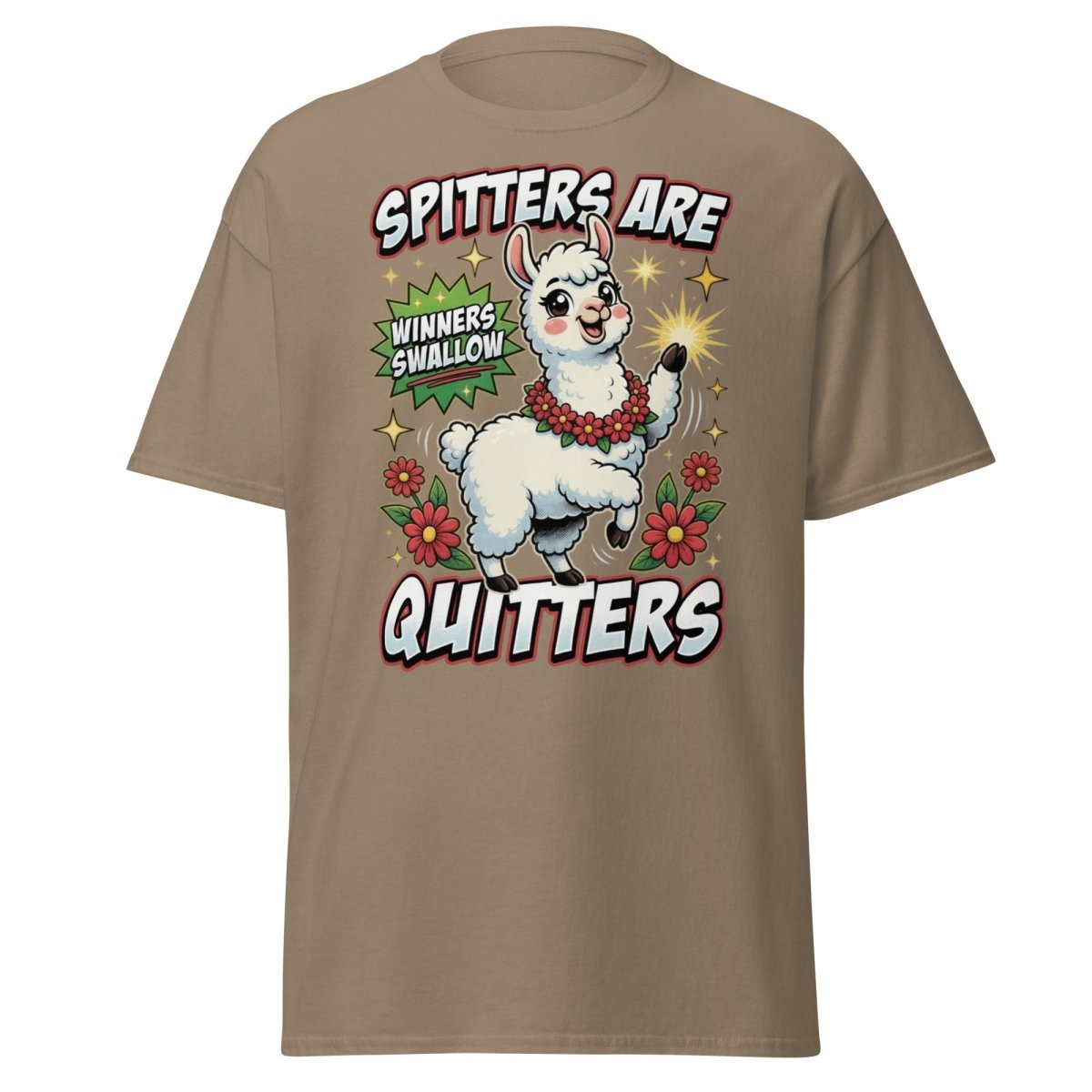 Spitters Are Quitters Llama T-Shirt Funny Adult Humor Tee - Brown Savana - TeeRipple