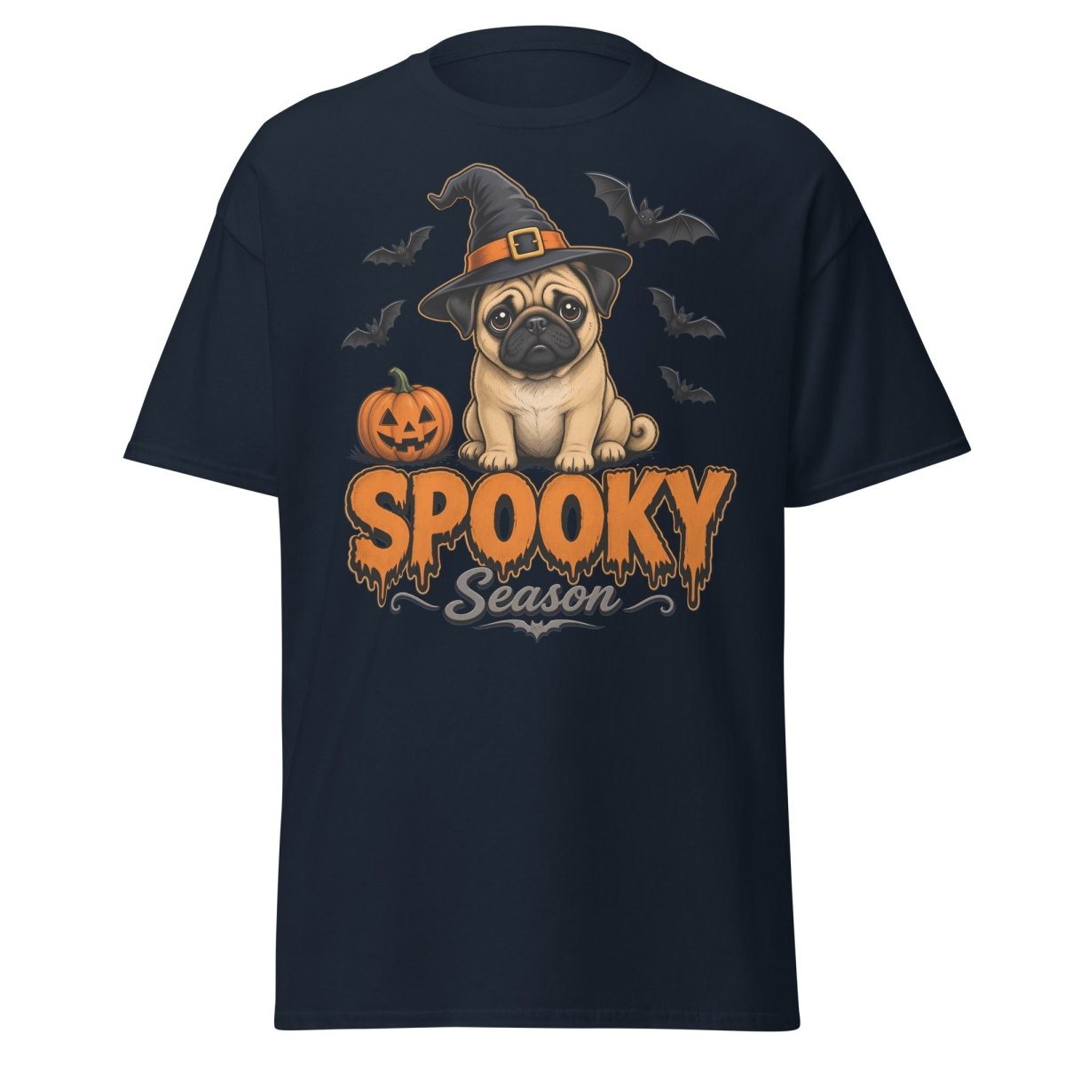 Spooky Season Witch Pug Halloween T-Shirt - Navy - TeeRipple