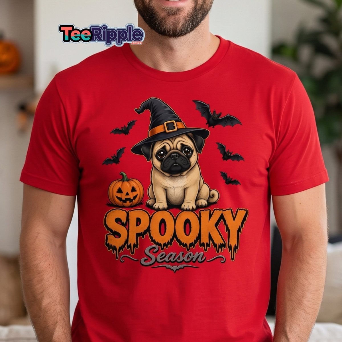 Spooky Season Witch Pug Halloween T-Shirt - Navy - TeeRipple