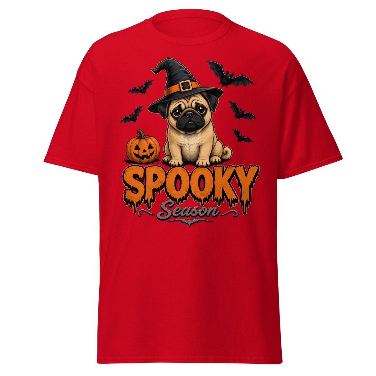 Spooky Season Witch Pug Halloween T-Shirt - Red - TeeRipple