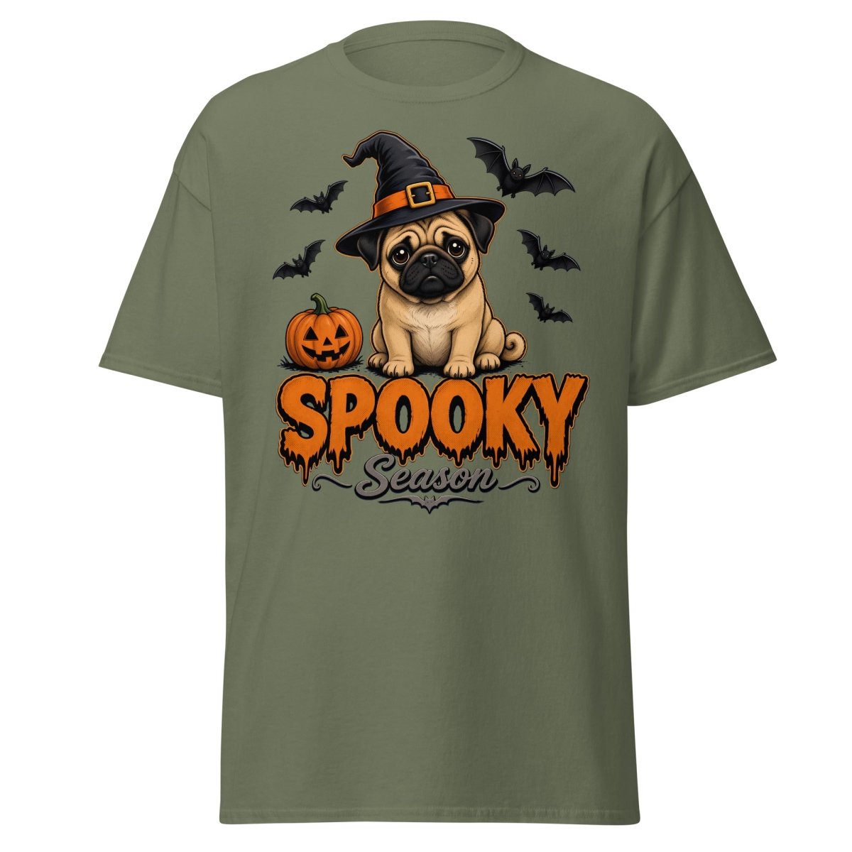 Spooky Season Witch Pug Halloween T-Shirt - Military Green - TeeRipple
