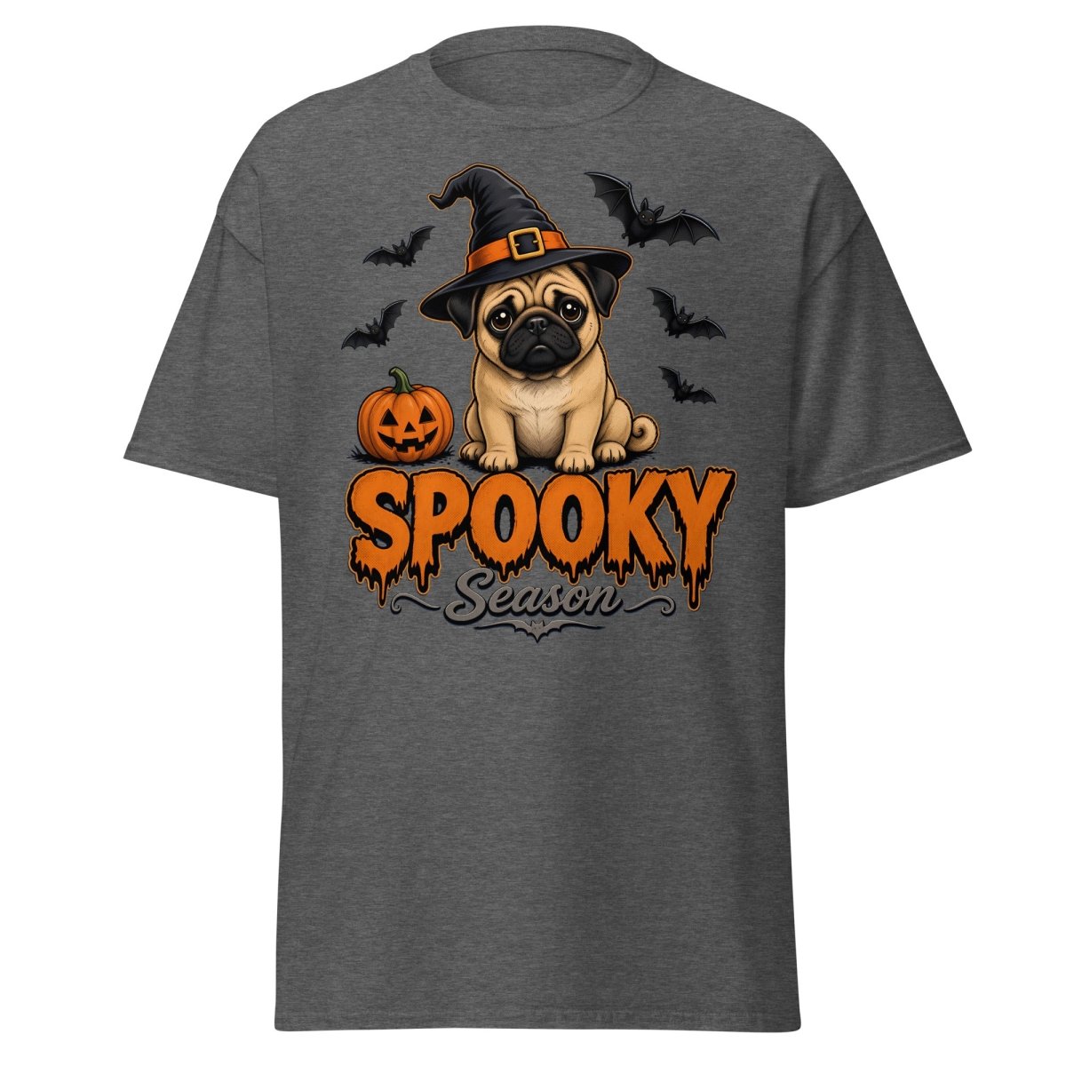 Spooky Season Witch Pug Halloween T-Shirt - Dark Heather - TeeRipple